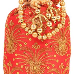 Indtresor beaded handcrafted embroidered evening purse drawstring handbag vintage party wedding gift for women. Red Gold