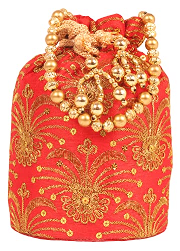 Indtresor beaded handcrafted embroidered evening purse drawstring handbag vintage party wedding gift for women. Red Gold