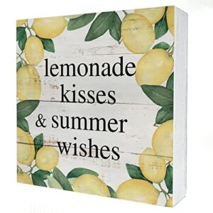 rustic lemonade wooden box sign desk decor lemonade kisses and summer wishes wood block plaque box sign for home living room shelf table decoration (5 x 5 inch)