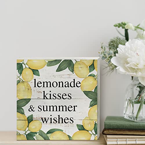 Rustic Lemonade Wooden Box Sign Desk Decor Lemonade Kisses and Summer Wishes Wood Block Plaque Box Sign for Home Living Room Shelf Table Decoration (5 X 5 Inch)