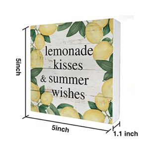 Rustic Lemonade Wooden Box Sign Desk Decor Lemonade Kisses and Summer Wishes Wood Block Plaque Box Sign for Home Living Room Shelf Table Decoration (5 X 5 Inch)