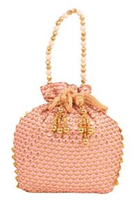 indtresor beaded handcrafted brocade evening purse drawstring handbag vintage party wedding gift for women. light pink gold