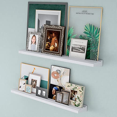 AUYKBVK White Photo Picture Ledge Shelf Wall Mounted Floating Shelves for Room Décor 24 in Wooden Nursery Book Shelves Books Photo Frames Display Shelves with Lip a Set of 2