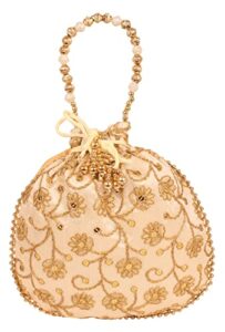indtresor beaded handcrafted embroidered evening purse drawstring handbag vintage party wedding gift for women. golden