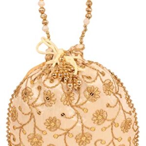 Indtresor beaded handcrafted embroidered evening purse drawstring handbag vintage party wedding gift for women. Golden