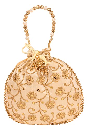 Indtresor beaded handcrafted embroidered evening purse drawstring handbag vintage party wedding gift for women. Golden