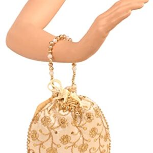 Indtresor beaded handcrafted embroidered evening purse drawstring handbag vintage party wedding gift for women. Golden
