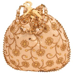 Indtresor beaded handcrafted embroidered evening purse drawstring handbag vintage party wedding gift for women. Golden