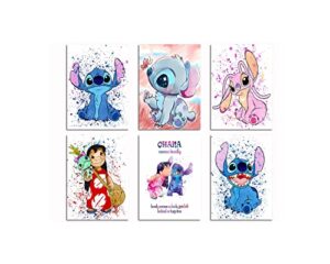 ygson lilo & stitch poster canvas coachella watercolor wall art prints kids room decor hd print painting 8x10inch for living room home bedroomset of 6 (unframe)