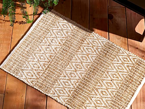 Jute Cotton Handloom Rug 2x3 Feet Floor Mat 24x36 Inch Farmhouse Area Rugs Natural Braided Doormat for Kitchen Entryway Pets Playing - Natural/White