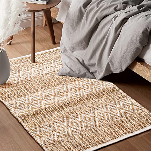 Jute Cotton Handloom Rug 2x3 Feet Floor Mat 24x36 Inch Farmhouse Area Rugs Natural Braided Doormat for Kitchen Entryway Pets Playing - Natural/White