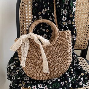 Straw Crossbody Purses Woven Tote Bag for Women Summer Beach Straw Clutch Bag Rattan Handbags with Lace Ribbon