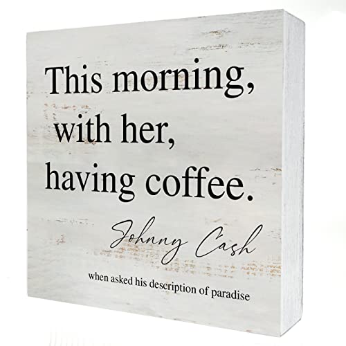 Funny Coffee Wooden Box Sign Desk Decor This morning with Her Having Coffee Wood Block Plaque Rustic Box Sign for Home Kitchen Shelf Table Decoration (5 X 5 Inch)