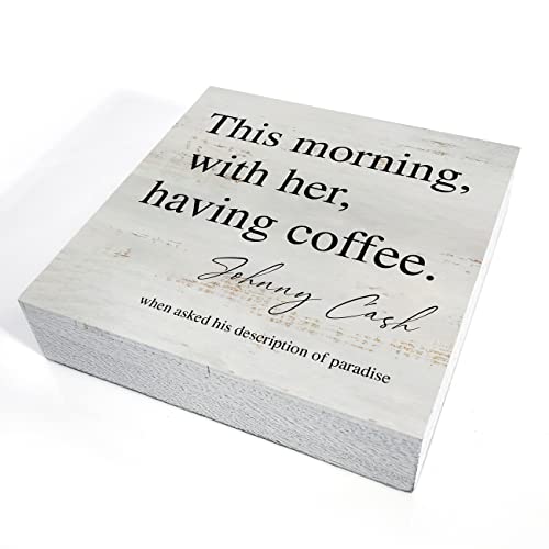 Funny Coffee Wooden Box Sign Desk Decor This morning with Her Having Coffee Wood Block Plaque Rustic Box Sign for Home Kitchen Shelf Table Decoration (5 X 5 Inch)