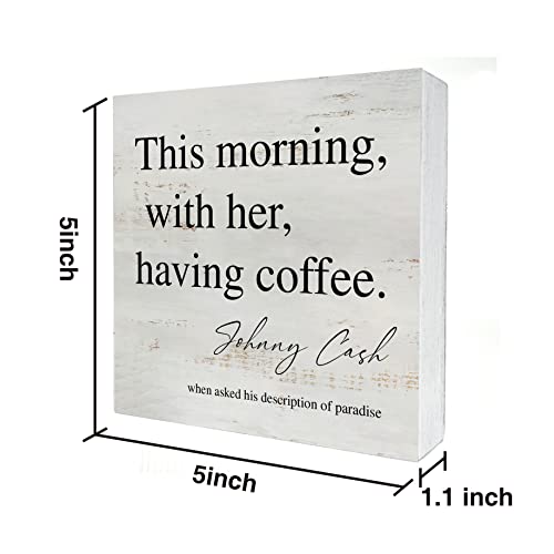 Funny Coffee Wooden Box Sign Desk Decor This morning with Her Having Coffee Wood Block Plaque Rustic Box Sign for Home Kitchen Shelf Table Decoration (5 X 5 Inch)