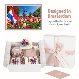 LaurGifts Birthday Gift for Mom Gift Basket for New Mom Gift for Women - Dutch Flower Fields Inspired Home Spa Gift Basket for Women - Bulk Mother's Day Gift Set Self Care Gift Basket for Her