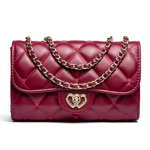 Qiayime Women Crossbody Bag Quilted Ladies Fashion Leather Handbag Small Shoulder Bag Purse Heart Shaped Clutch Evening Bag (Red)