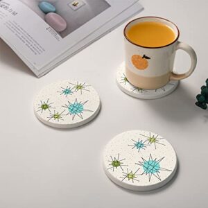 HUXJOKO Coasters for Drinks Set of 6,Mid Century Modern Design Absorbent Ceramic Coaster,Round Stone Mat,with Cork Base and Metal Holder for Coffee Table Room Bar Home Decor Housewarming Gifts