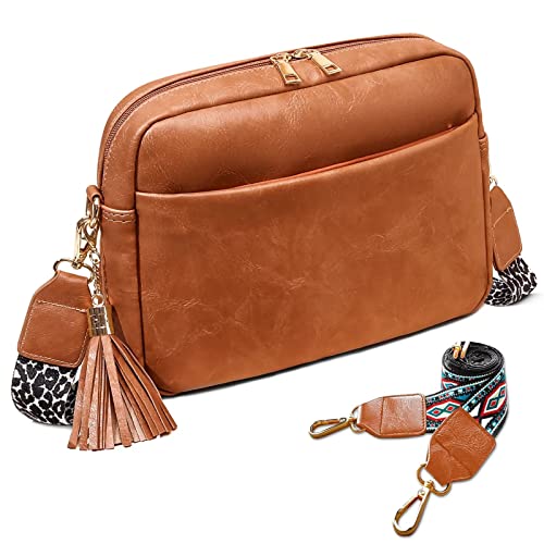 WYFJNX Small Crossbody Bags for Women Vegan Leather Cross Body Cell Phone Purses Shoulder Bags with 2 Guitar Straps Brown