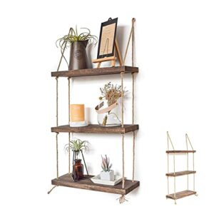 countoozq 3 tier rope rustic brown wall hanging floating shelves wall shelf wood swing hanging wall mounted plant flower rack outdoor
