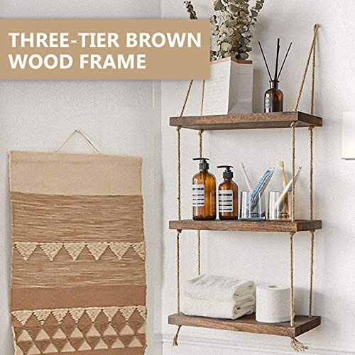 COUNTOOZQ 3 Tier Rope Rustic Brown Wall Hanging Floating Shelves Wall Shelf Wood Swing Hanging Wall Mounted Plant Flower Rack Outdoor