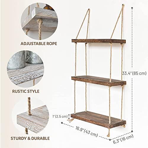 COUNTOOZQ 3 Tier Rope Rustic Brown Wall Hanging Floating Shelves Wall Shelf Wood Swing Hanging Wall Mounted Plant Flower Rack Outdoor