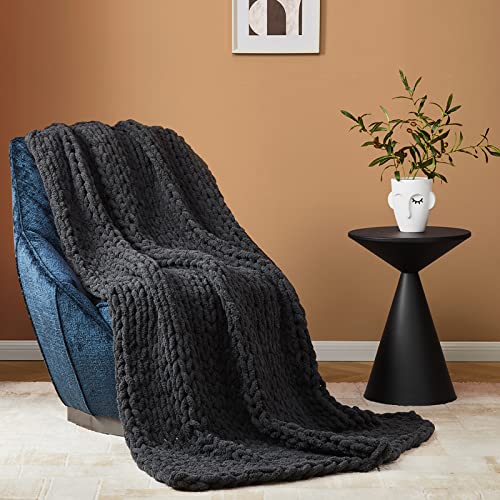 Bedfolks Chunky Knit Blanket Throw - Dark Grey Jumbo Chenille Yarn 100% Hand Knit, Soft and Fluffy Chenille for Couch, Sofa, Bed, Home Decor, 50" x 60"