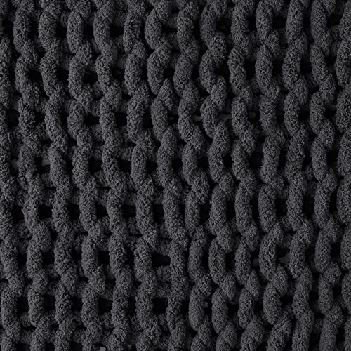 Bedfolks Chunky Knit Blanket Throw - Dark Grey Jumbo Chenille Yarn 100% Hand Knit, Soft and Fluffy Chenille for Couch, Sofa, Bed, Home Decor, 50" x 60"