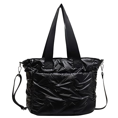 JQWYGB Puffer Tote Bag for Women - Large Puffy Tote Bag Purse Soft Padded Cotton Quilted Handbags Shoulder Crossbody Bags (Black)