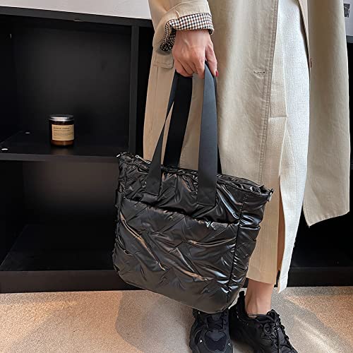 JQWYGB Puffer Tote Bag for Women - Large Puffy Tote Bag Purse Soft Padded Cotton Quilted Handbags Shoulder Crossbody Bags (Black)