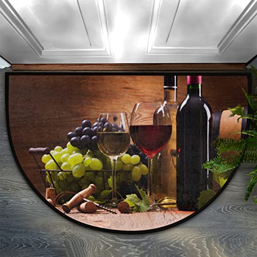 AMELIA SHARPE Welcome Half Round Door Mat Wine Bottles Grape Fruit Old Wooden Washable Home Kitchen Art Restaurant Office Floor Mats Non Slip and Durable Doormats Decor 18x30 Inch