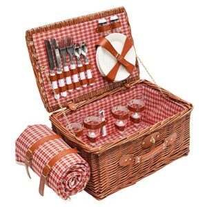 picnic baskets, 4 persons handmade large wicker picnic basket set with utensils cutlery, for picnicking camping