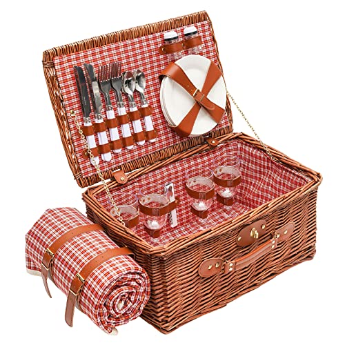 Picnic Baskets, 4 Persons Handmade Large Wicker Picnic Basket Set with Utensils Cutlery, for Picnicking Camping