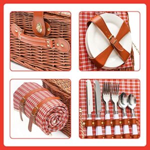 Picnic Baskets, 4 Persons Handmade Large Wicker Picnic Basket Set with Utensils Cutlery, for Picnicking Camping