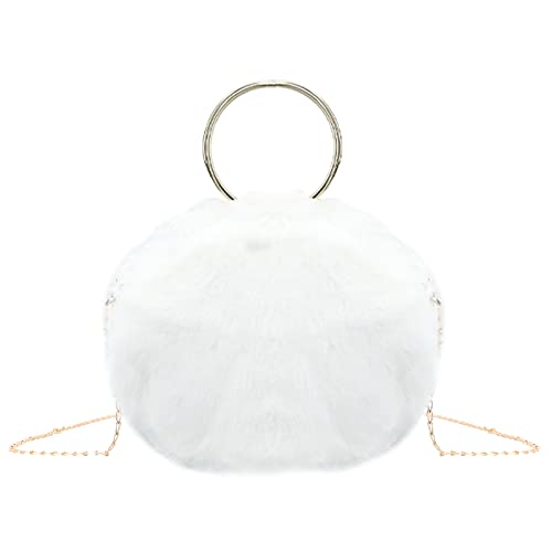 SUKUTU Girls Faux Fur Round Top Handle Bag Ring Handle Clutch Soft Furry Purse for Autumn and Winter