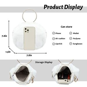 SUKUTU Girls Faux Fur Round Top Handle Bag Ring Handle Clutch Soft Furry Purse for Autumn and Winter