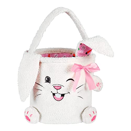 KINQKESO Plush Bunny Easter Basket for Kids, White Fluffy Easter Buckets with Plush Ear - Easter Egg Hunt Basket Bags for Easter Eggs Goodie Candy Party Favor Decorations, Easter Gifts for Boys Girls