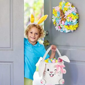 KINQKESO Plush Bunny Easter Basket for Kids, White Fluffy Easter Buckets with Plush Ear - Easter Egg Hunt Basket Bags for Easter Eggs Goodie Candy Party Favor Decorations, Easter Gifts for Boys Girls