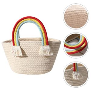 LUOZZY Woven Basket with Rainbow Handle Portable Storage Basket Handbag with Tassel for Woman