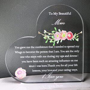 mother’s day gift from daughter & son,acrylic heart sculpture table plaque to my beautiful mom keepsake gift for mother’s day birthday present