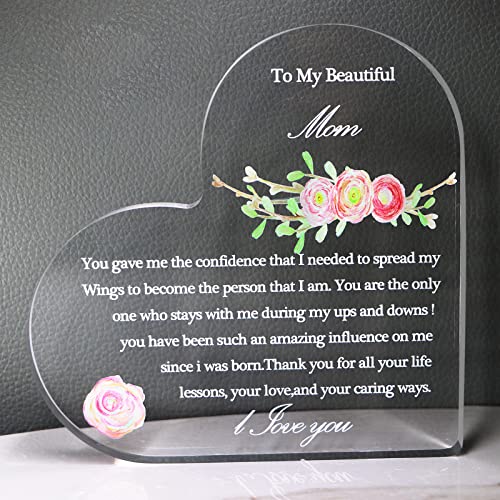 Mother's Day Gift from Daughter & Son,Acrylic Heart Sculpture Table Plaque to My Beautiful Mom keepsake Gift for Mother's Day Birthday Present