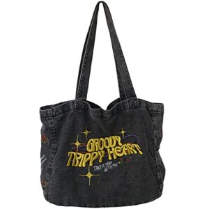 embroidered canvas tote bag, denim shoulder bag with zipper, large capacity wallet, denim canvas tote bag (black)