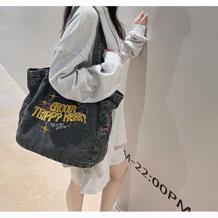 Embroidered Canvas Tote Bag, Denim Shoulder Bag With Zipper, Large Capacity Wallet, Denim Canvas Tote Bag (Black)