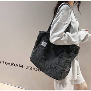 Embroidered Canvas Tote Bag, Denim Shoulder Bag With Zipper, Large Capacity Wallet, Denim Canvas Tote Bag (Black)