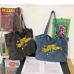 Embroidered Canvas Tote Bag, Denim Shoulder Bag With Zipper, Large Capacity Wallet, Denim Canvas Tote Bag (Black)