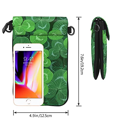 Women's Cell Phone Purse Small Leather Crossbody Bags St Patricks Day Green Shamrock Clover Leaf Grass Printed Wallet Purses with Adjustable Strap Mini Shoulder Bag Card Holder Wallet