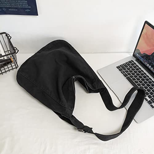 Canvas Hobo Crossbody Bag for Women and Men, Casual Shoulder Bag, Tote Bag, Messenger Bag, Cross Body Bag for School, Shopping, Travel and Work (Black)