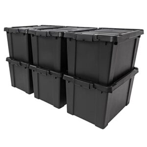 iris usa 19 gallon heavy-duty stackable storage totes, plastic container bins with durable lids and secure latching buckles for seasonal décor, sporting equipment, garage tool storage, black, 6-pack