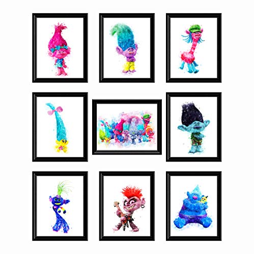 Trolls Posters for Girls Bedroom, (Set of 9, 8X10 Inch, Unframed) Trolls Wall Decor, trolls bedroom decor for girls, kids wall posters for girls, Trolls Room Decor for Girls Bedroom