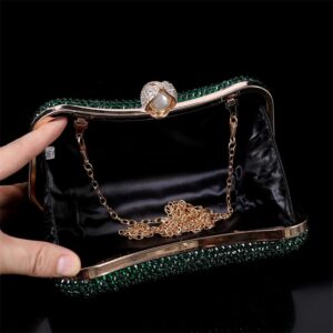 Yihongmeiqi Pearl Buckle Crystal Handbag,Women's Evening Handbag, Wedding Party Rhinestone Bag, Purse, Flash Handbag, Evening Bag (Green)